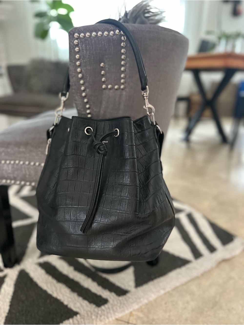 Yves Saint Laurent Black Croc-Embossed Drawstring Hobo Bag